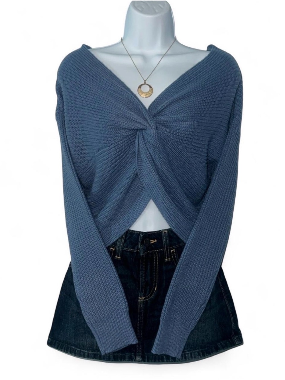 Blue waffle knit long sleeve top with twist front detail